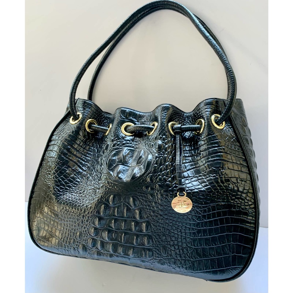 Brahmin Black Croc Embossed Leather Hobo Shoulder Handbag EXC Pre-Owned